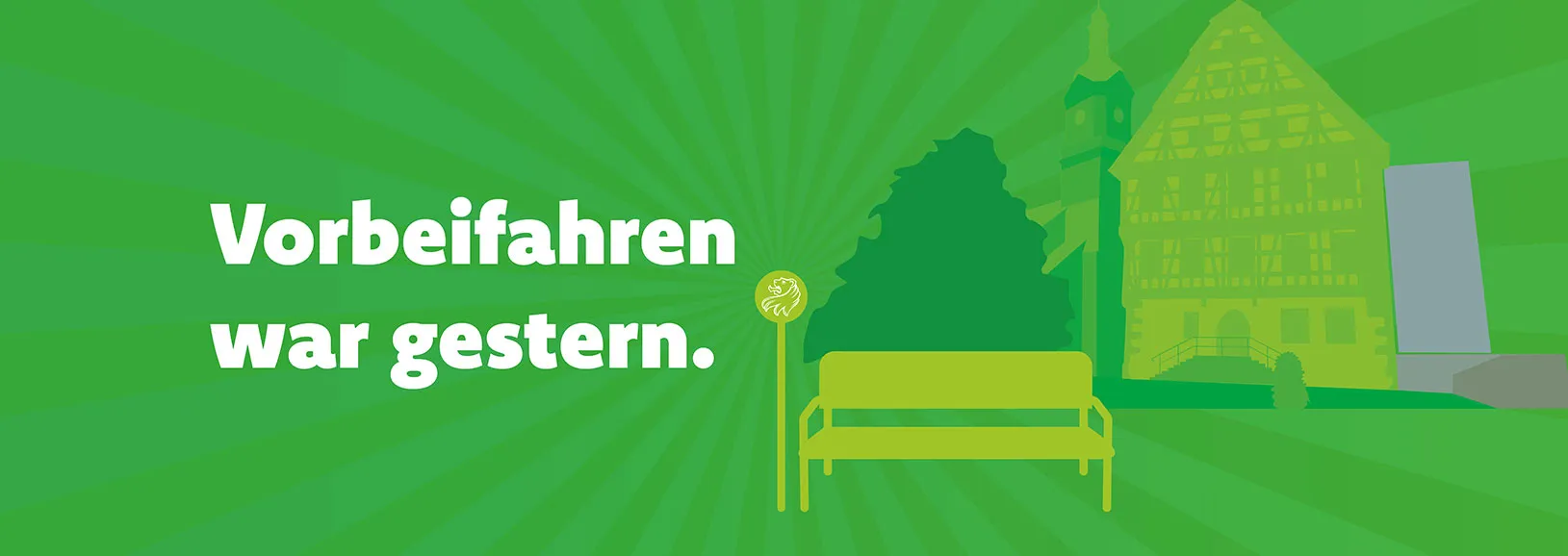 Kampagnenmotiv der Aktion „Nimm mi mit Bänkle“ zur Förderung nachhaltiger Mobilität im ländlichen Raum. Zu sehen sind eine Mitfahrbank, eine Ortssilhouette und der Slogan „Vorbeifahren war gestern“.